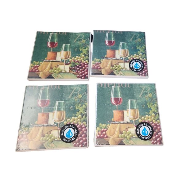 Naturally Absorbent Ceramic Set of 4 Coasters Wine Design Cork Backed 3 3/4" x 3 - Picture 4 of 4